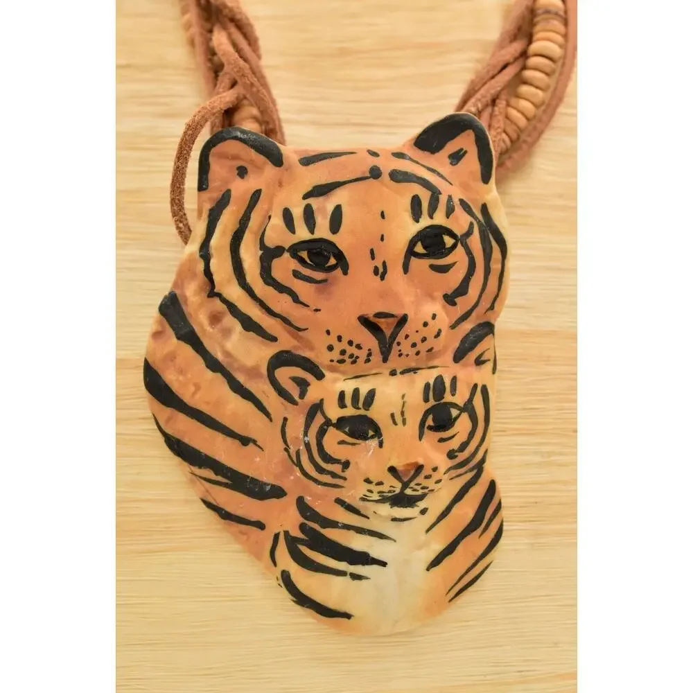 Carol Halmy Vintage Ceramic Beaded Necklace Hand Made Tiger Cub Signed Bin4A